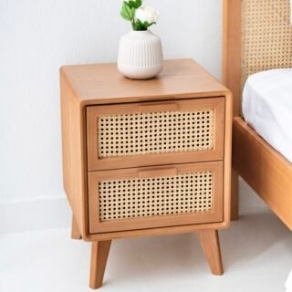 Alba Rattan Nightstand – Minimalist Bedside Table with Natural Oak Veneer and Soft-Close Drawer