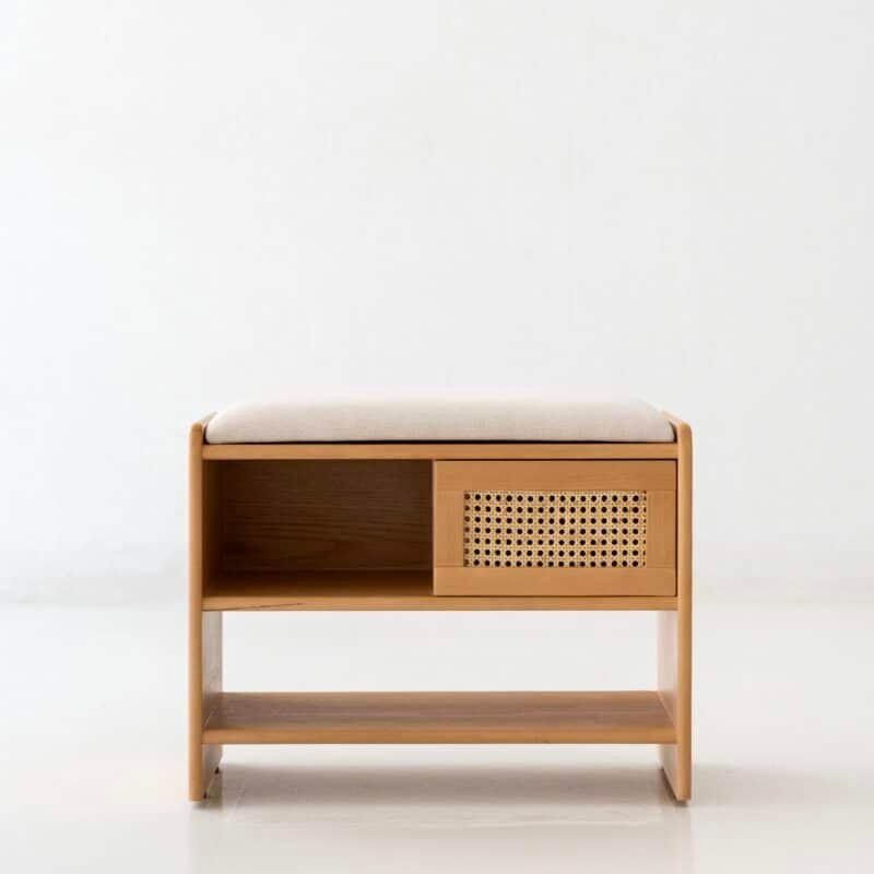Simple Rattan Shoe Bench made with beech wood and natural rattan for storage