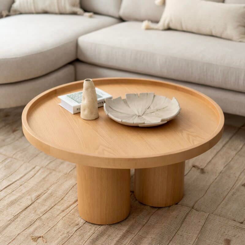 Delta Round Coffee Table with Natural Oak Veneer – Modern Beechwood Coffee Table for Living Room