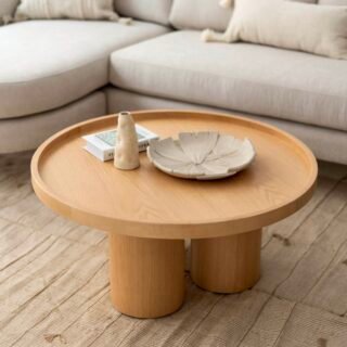 Delta Round Coffee Table with Natural Oak Veneer – Modern Beechwood Coffee Table for Living Room