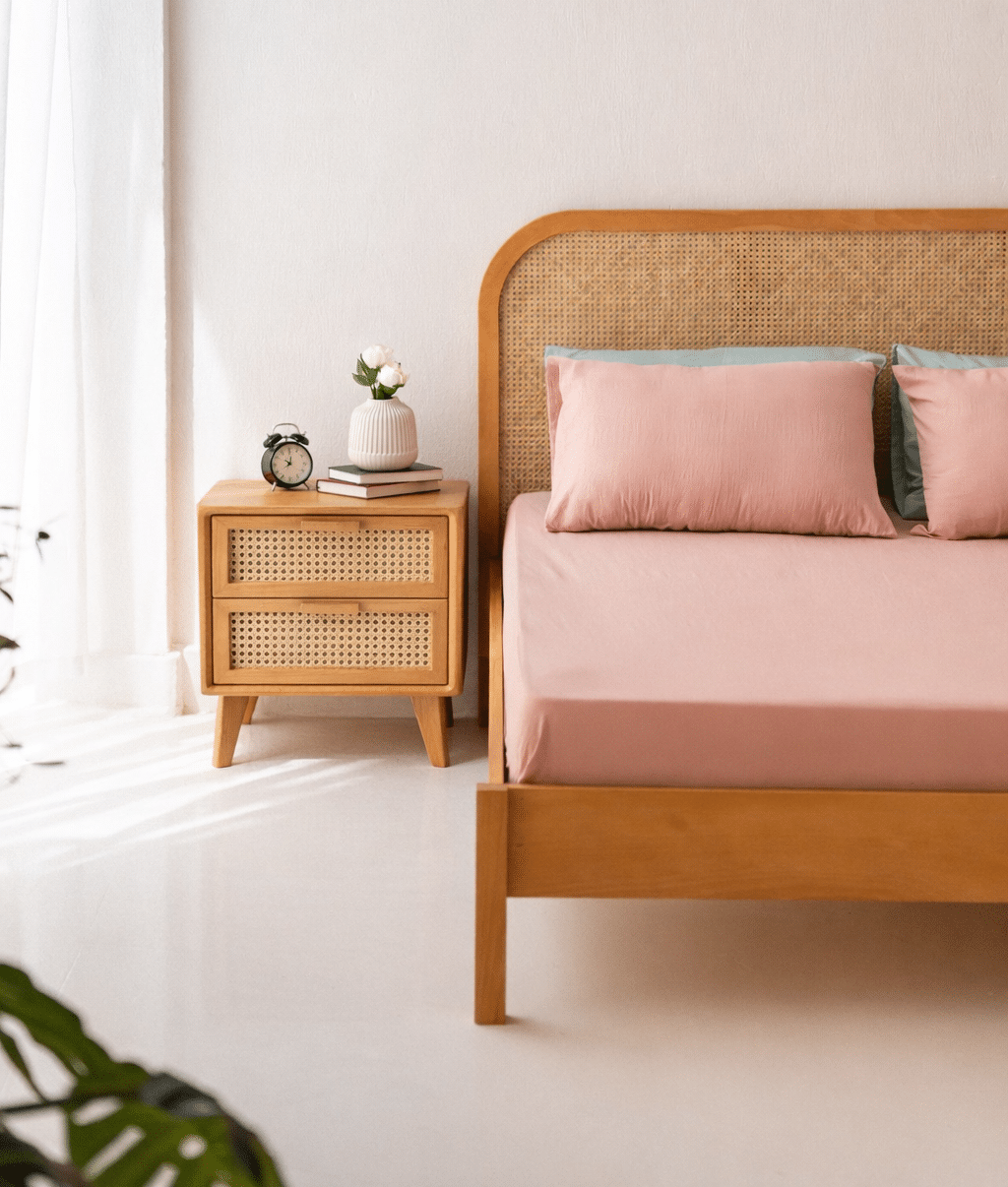 ChatGPT Image Mar 5, 2026, 02_42_58 PM Wooden bed with upholstered headboard and matching bedside table in a styled bedroom