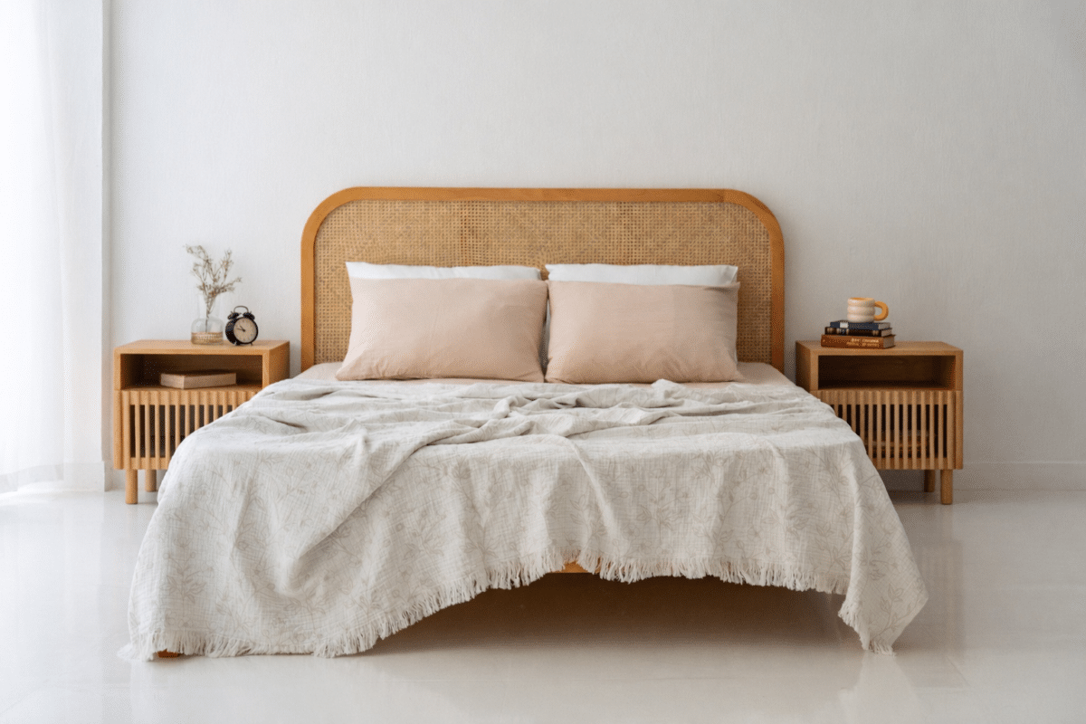 Wooden bed with cane headboard and matching bedside tables in a styled bedroom